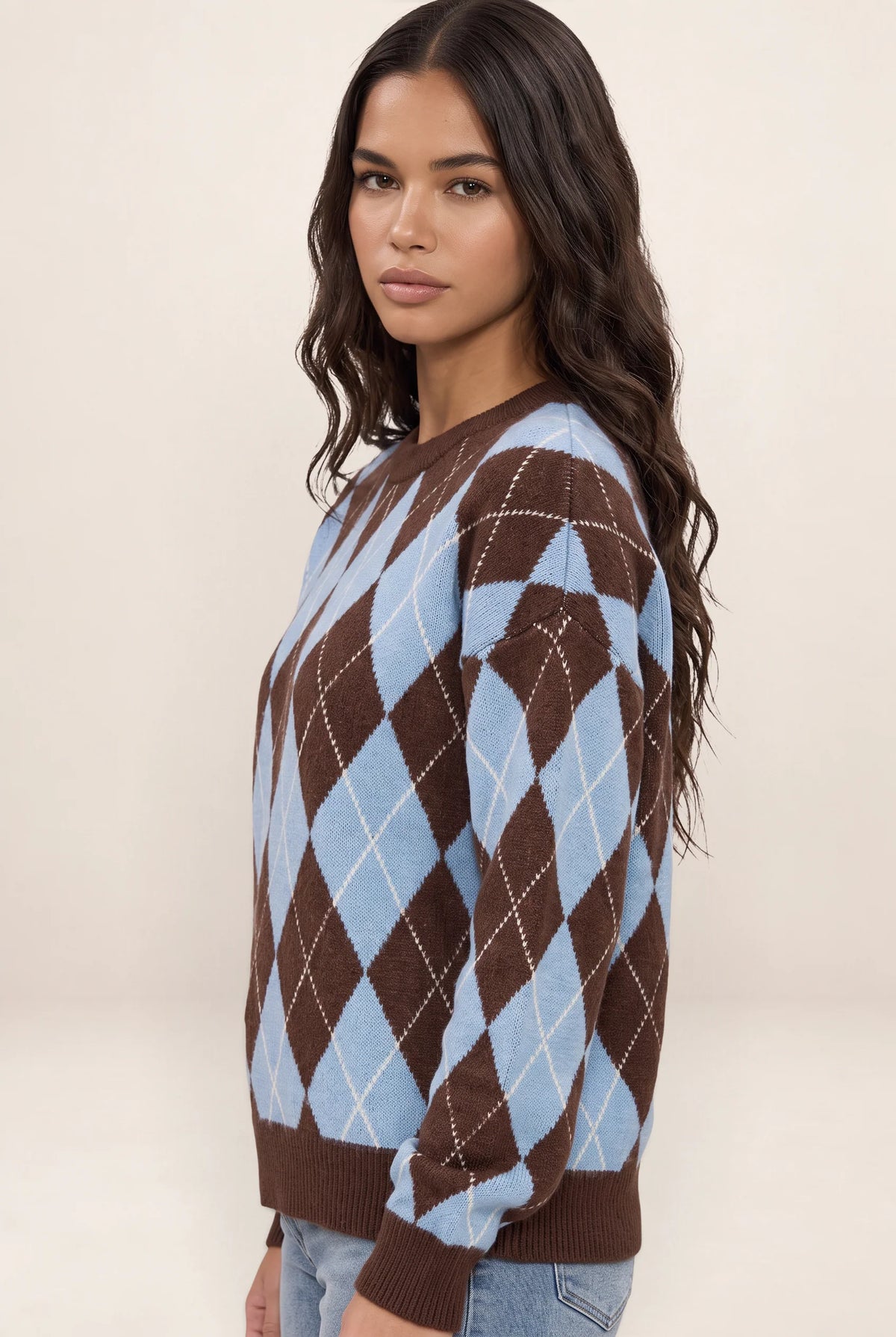 Women’s Argyle Knit Jumper – Crew Neck Long Sleeve Diamond Pattern Sweater