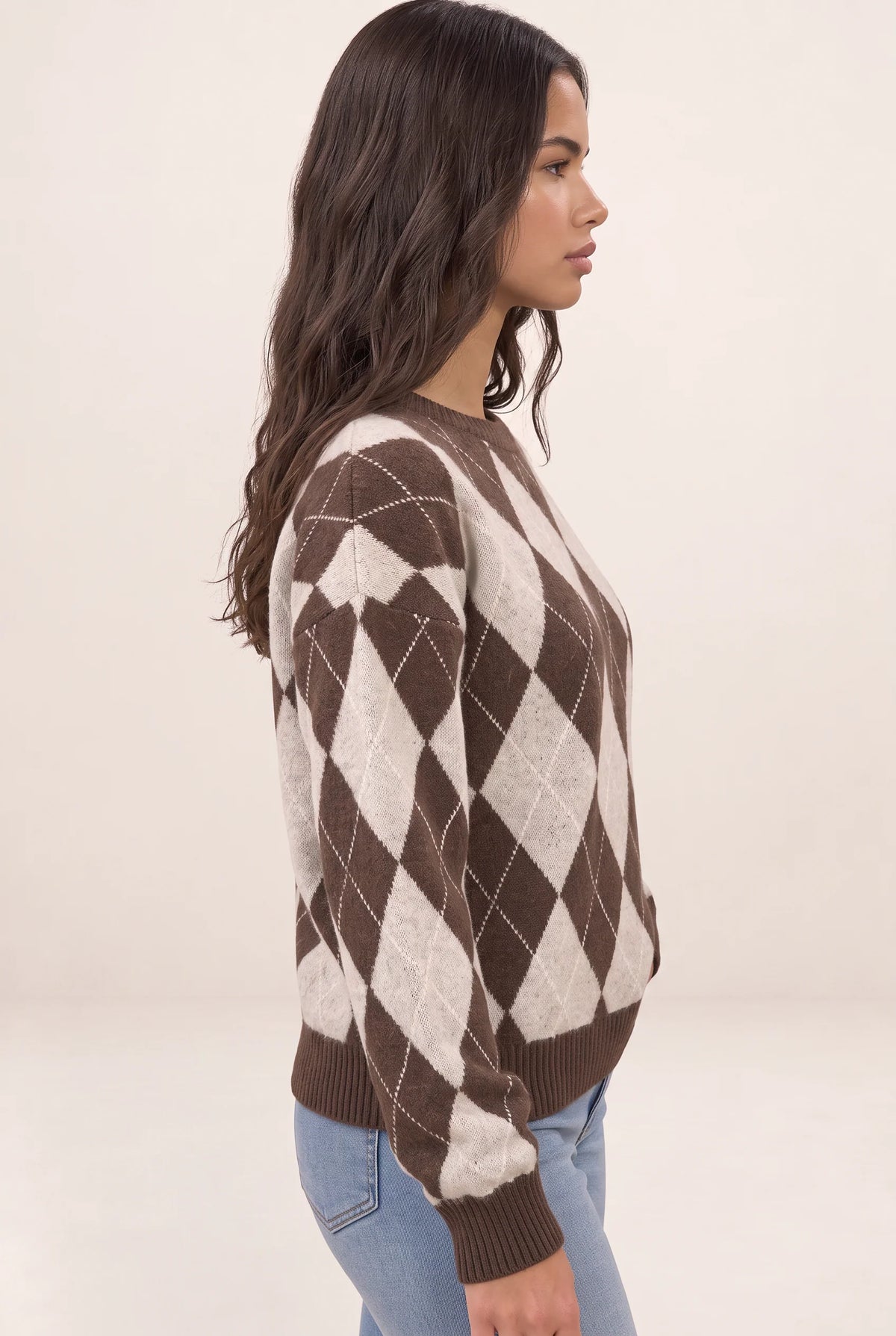 Women’s Argyle Knit Jumper – Crew Neck Long Sleeve Diamond Pattern Sweater