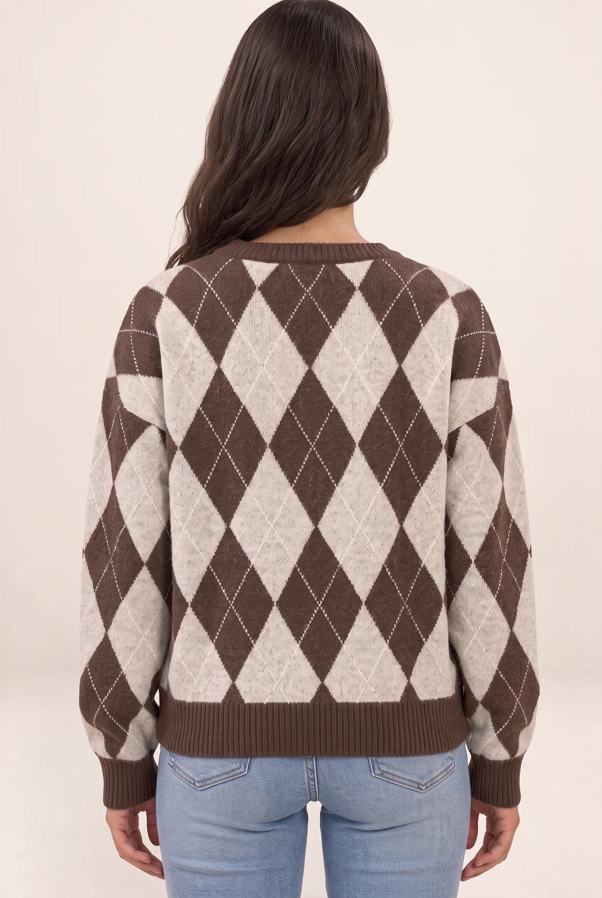 Women’s Argyle Knit Jumper – Crew Neck Long Sleeve Diamond Pattern Sweater