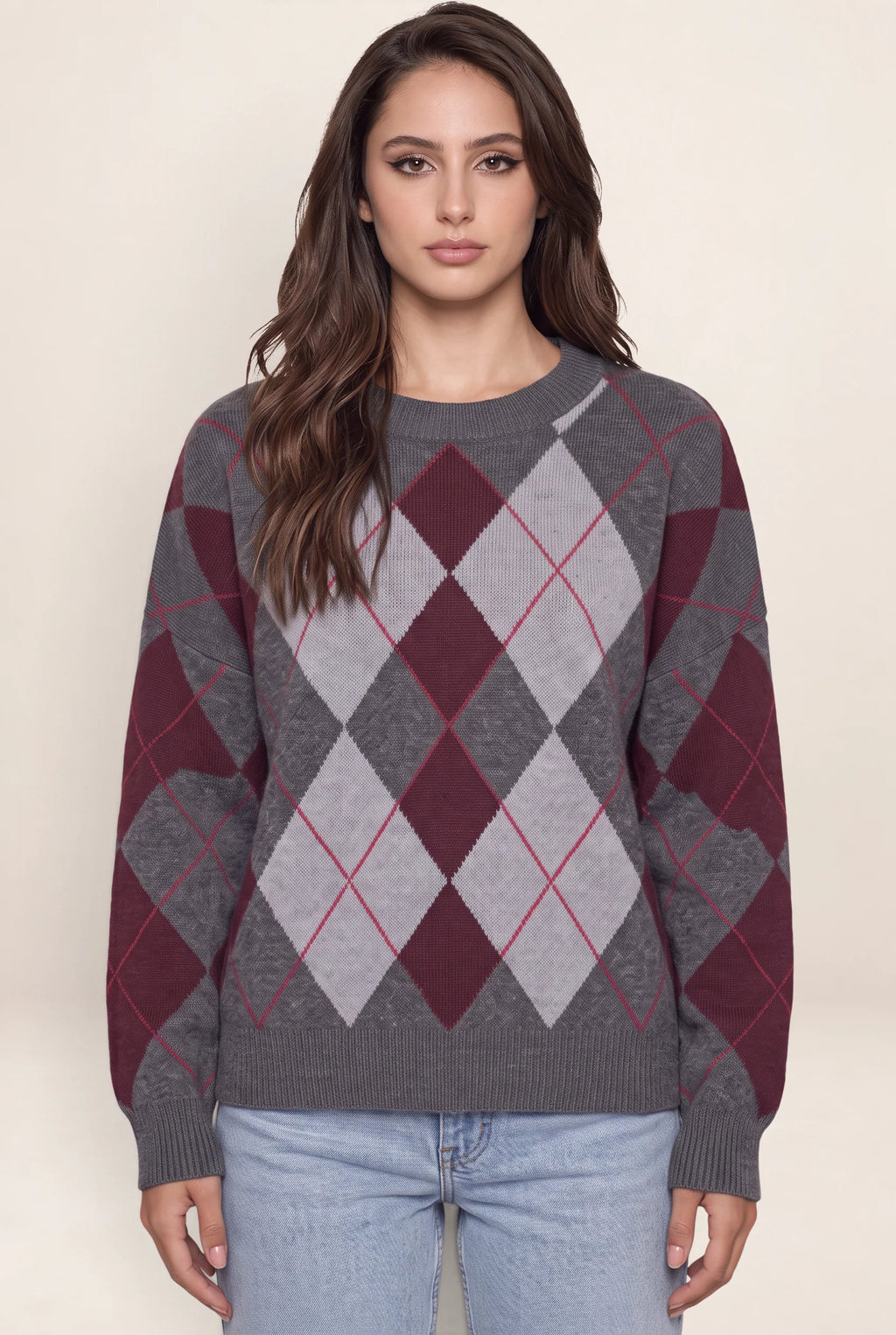 Women’s Argyle Pattern Knit Jumper – Crew Neck Long Sleeve Sweater