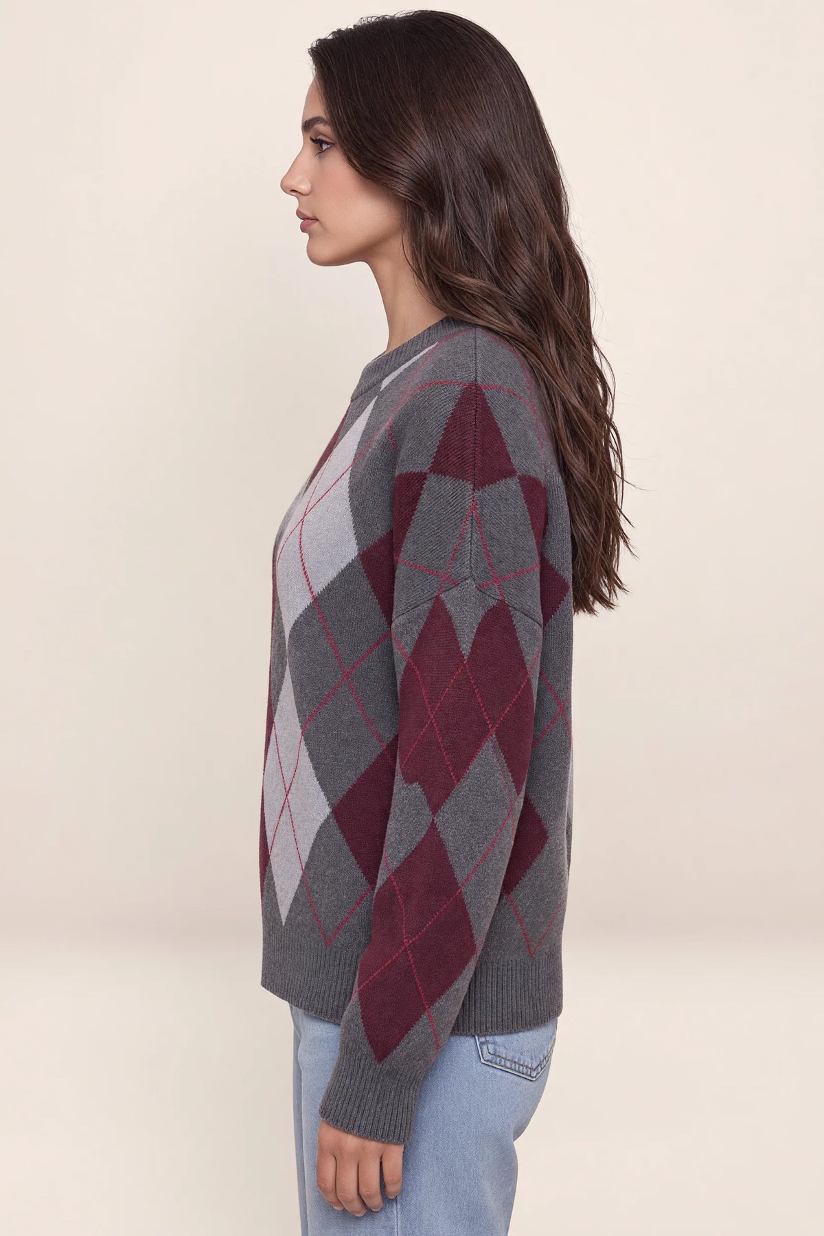 Women’s Argyle Pattern Knit Jumper – Crew Neck Long Sleeve Sweater