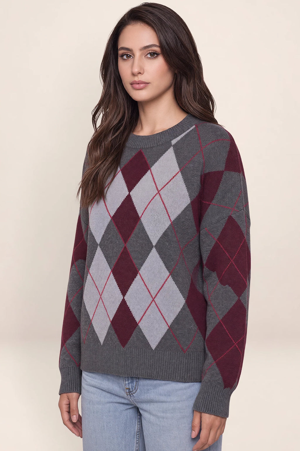 Women’s Argyle Pattern Knit Jumper – Crew Neck Long Sleeve Sweater