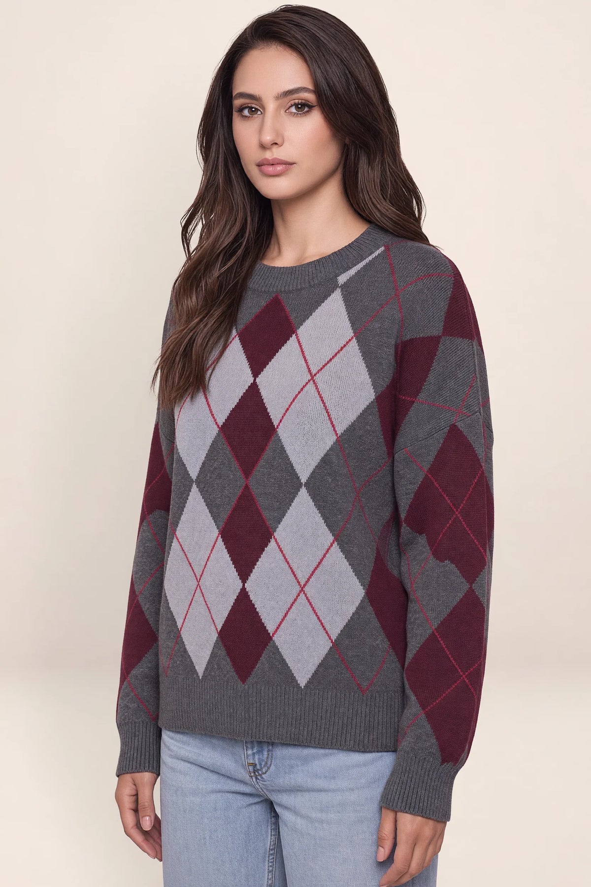 Women’s Argyle Pattern Knit Jumper – Crew Neck Long Sleeve Sweater