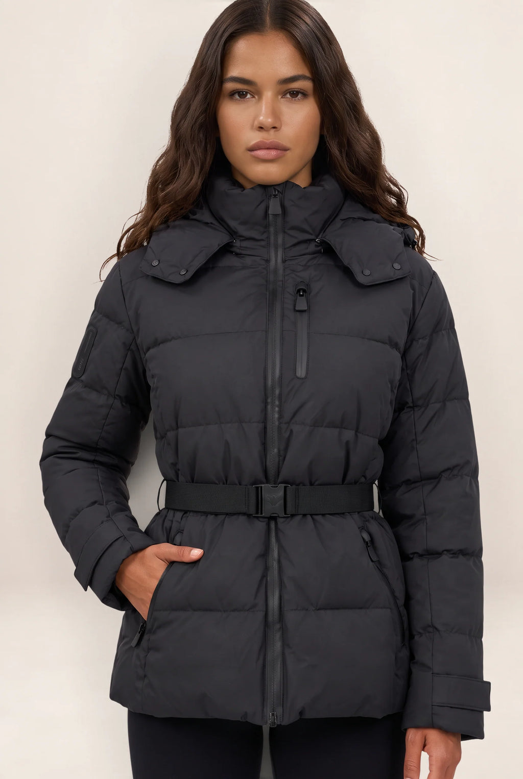 Women's Black Puffer Jacket with Adjustable Belt