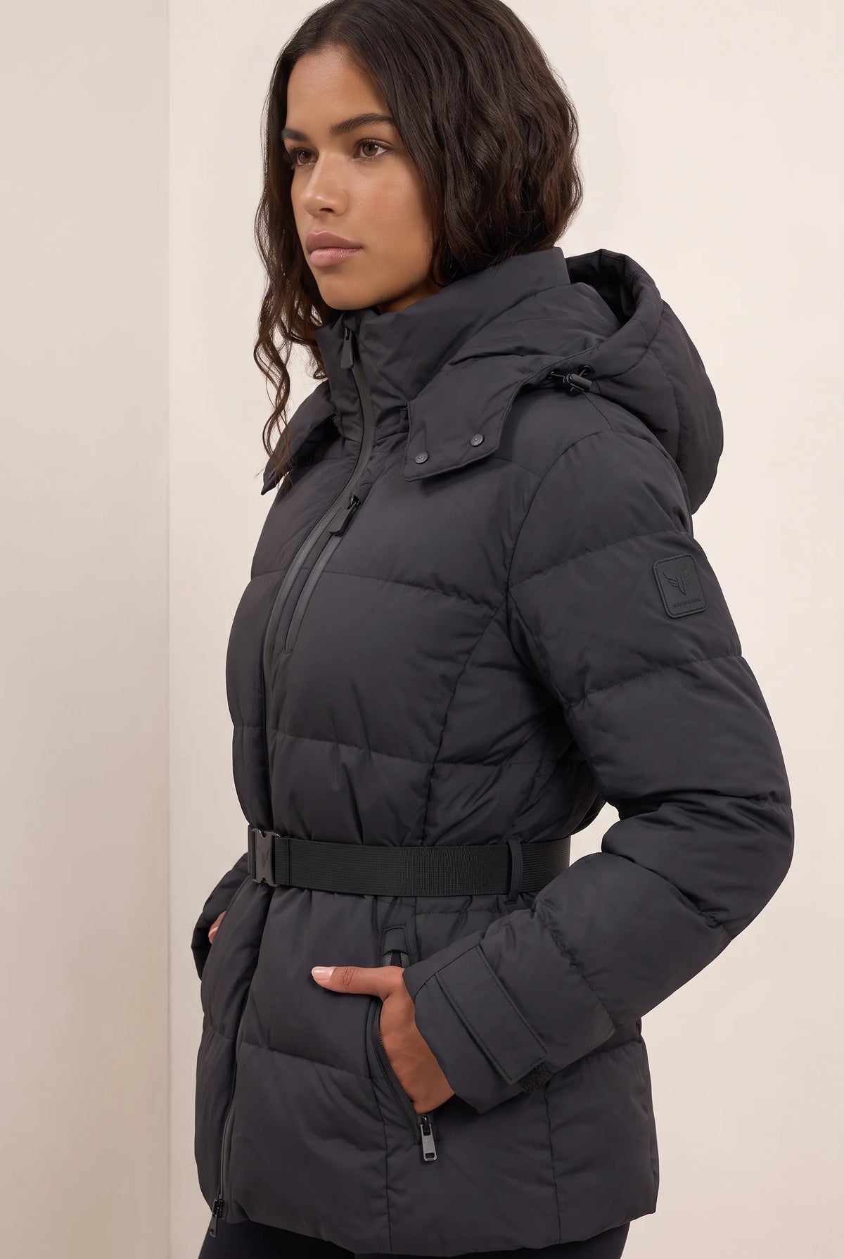 Women's Black Puffer Jacket with Adjustable Belt