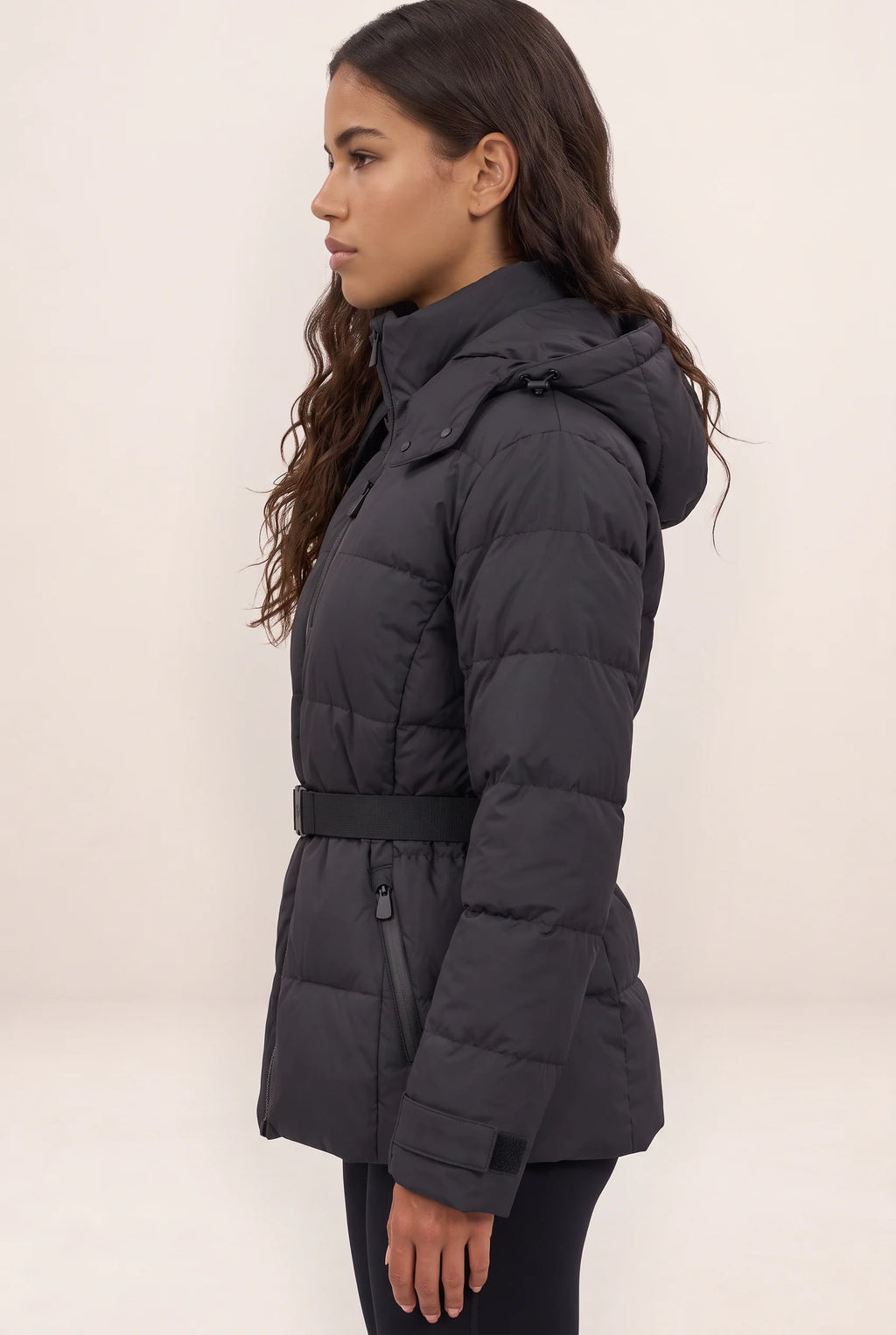 Women's Black Puffer Jacket with Adjustable Belt