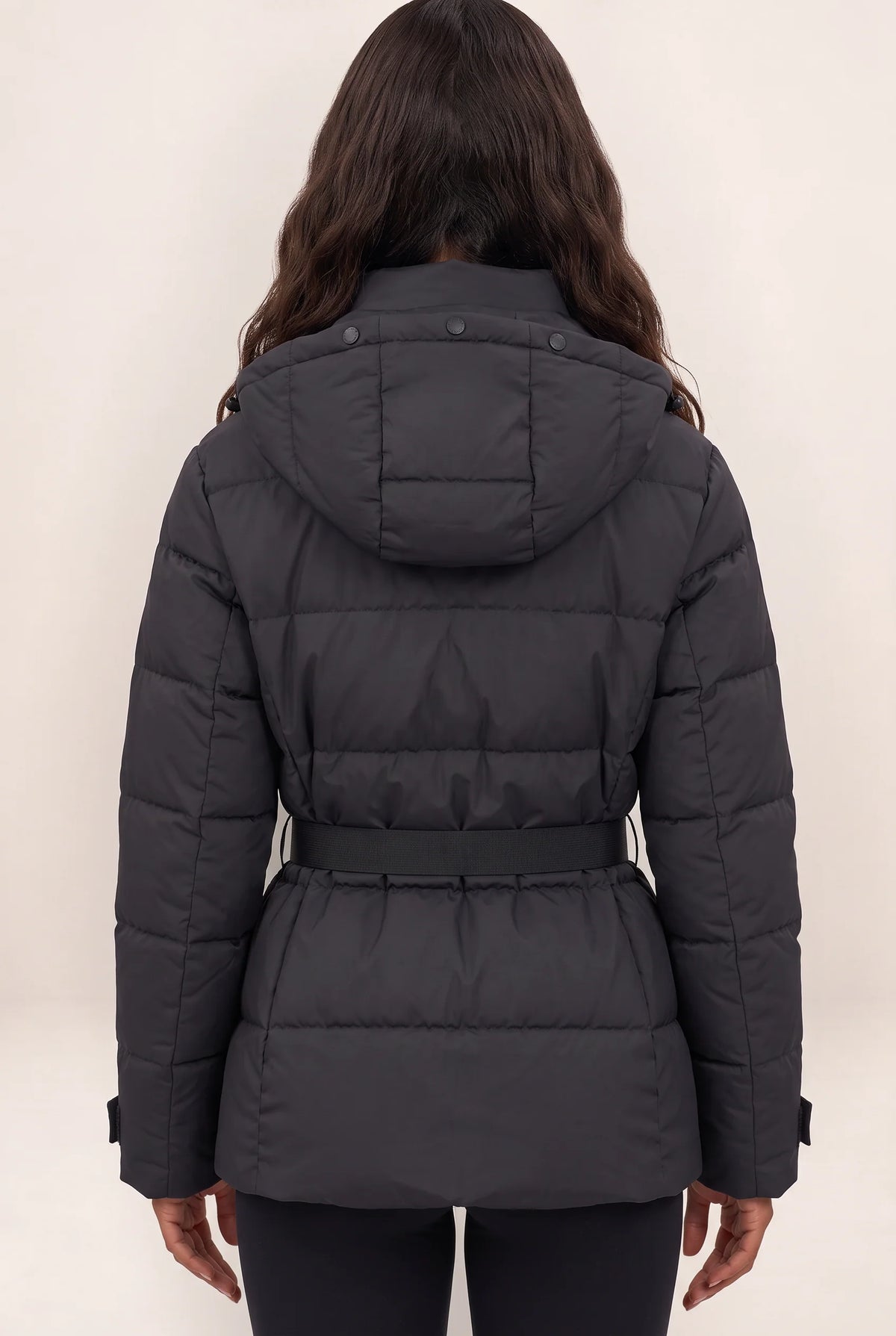 Women's Black Puffer Jacket with Adjustable Belt