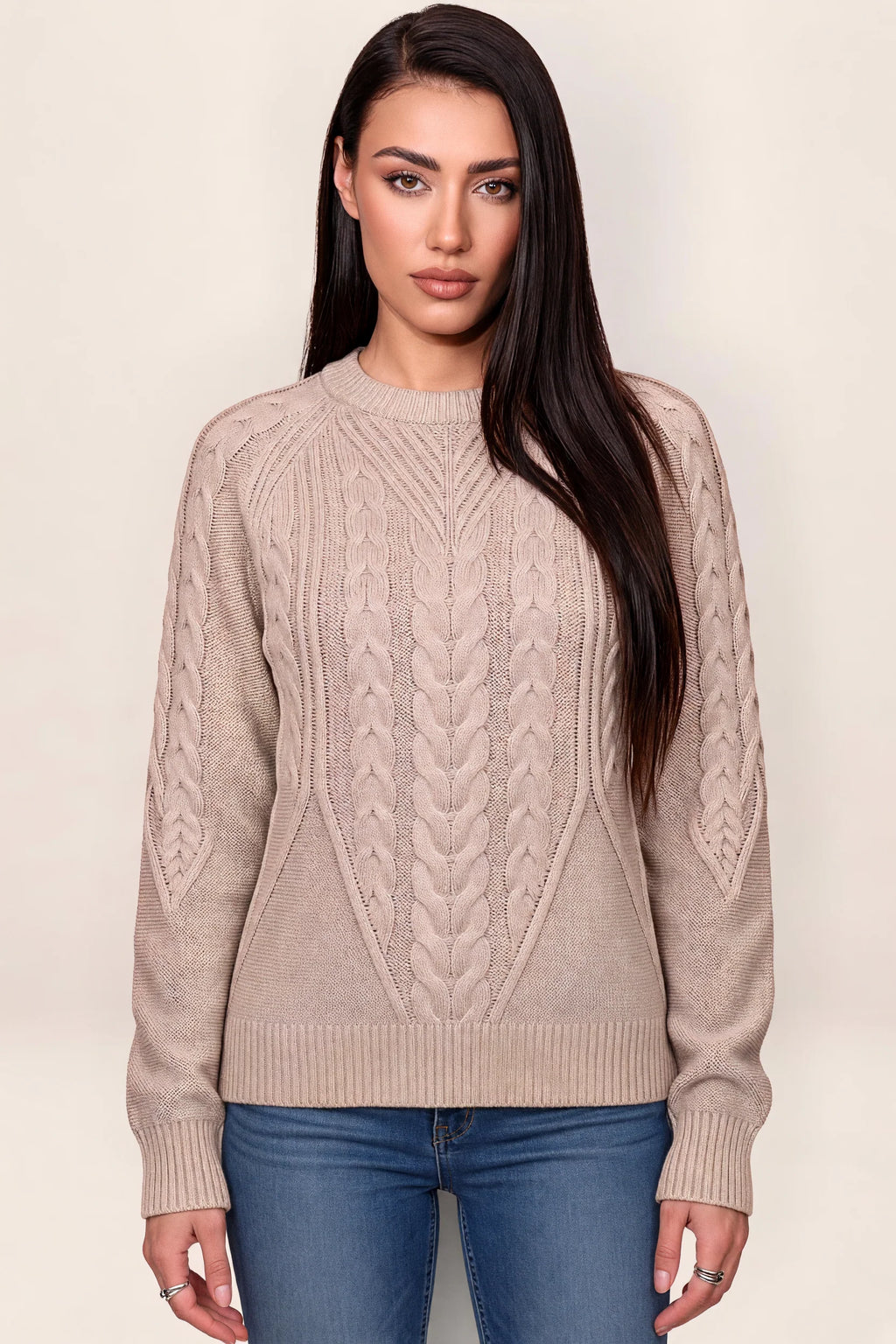Women’s Cable Knit Jumper – Crew Neck Long Sleeve Knitted Sweater