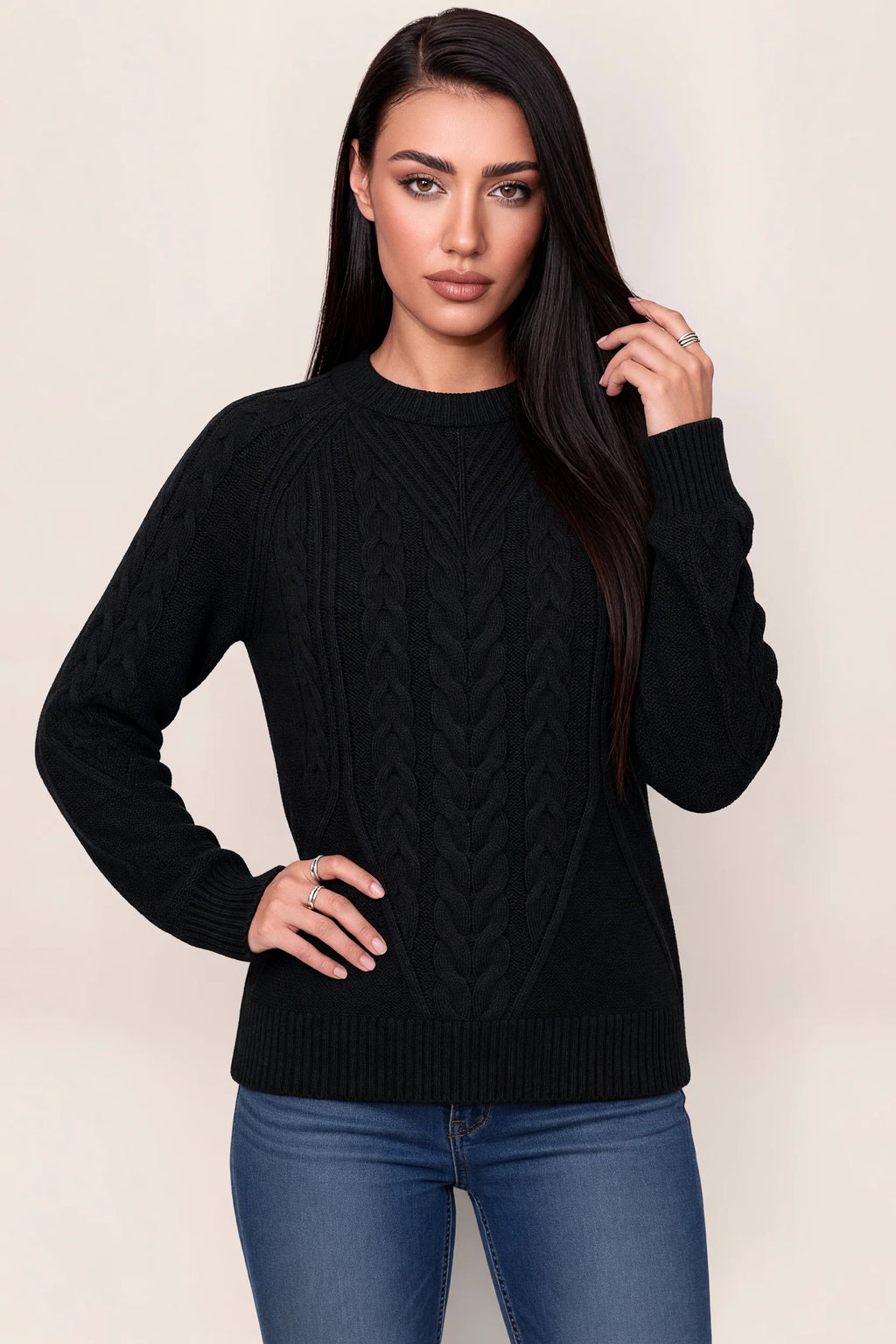 Women’s Cable Knit Jumper – Crew Neck Long Sleeve Knitted Sweater