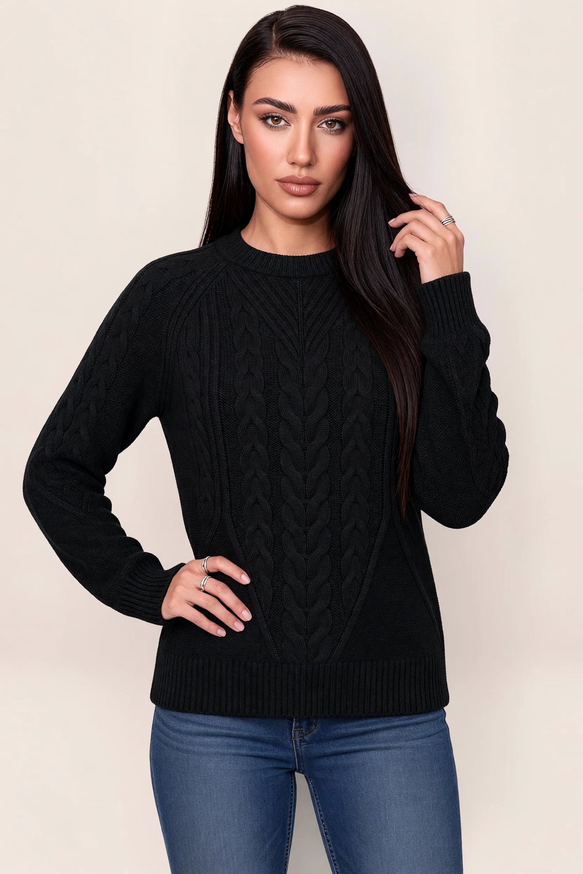 Women’s Cable Knit Jumper – Crew Neck Long Sleeve Knitted Sweater