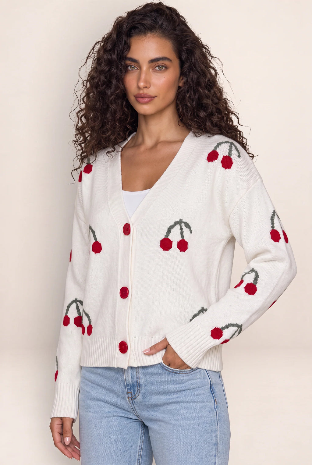 Women's Cardigan with Cherry Print Design | Cozy Layering