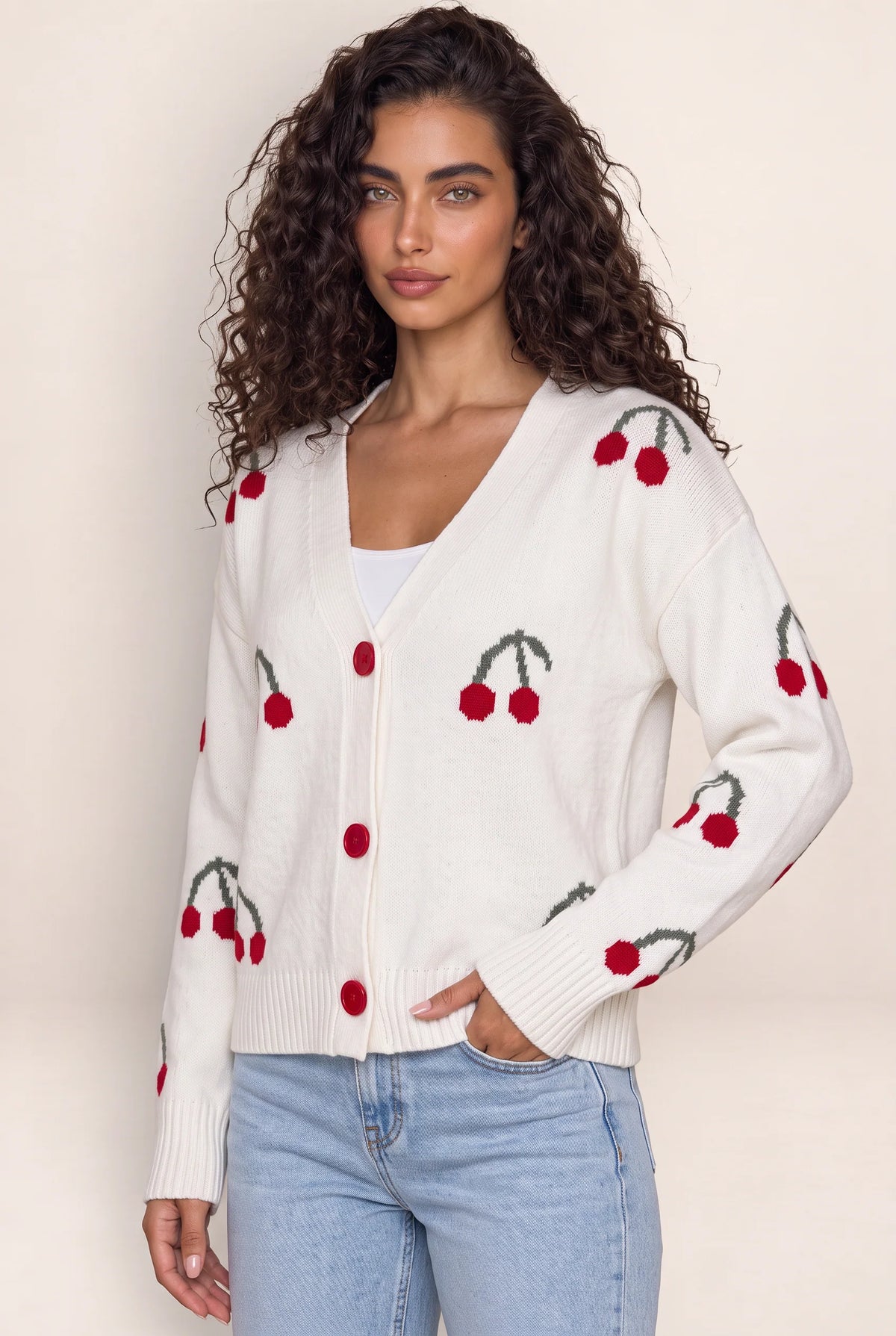 Women's Cardigan with Cherry Print Design | Cozy Layering