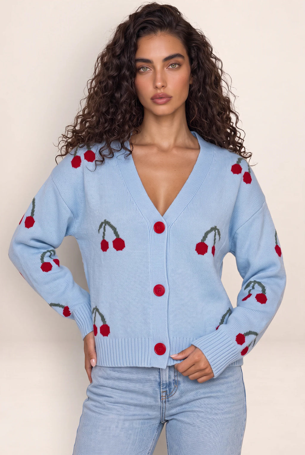 Women's Cardigan with Cherry Print Design | Cozy Layering