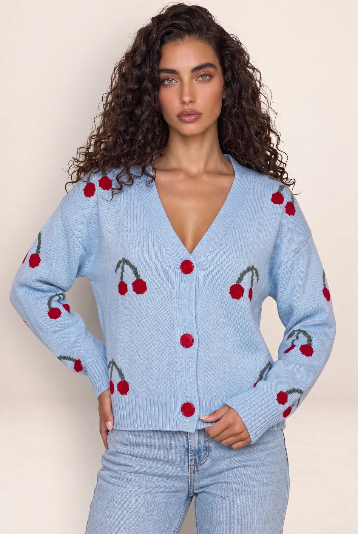 Women's Cardigan with Cherry Print Design | Cozy Layering