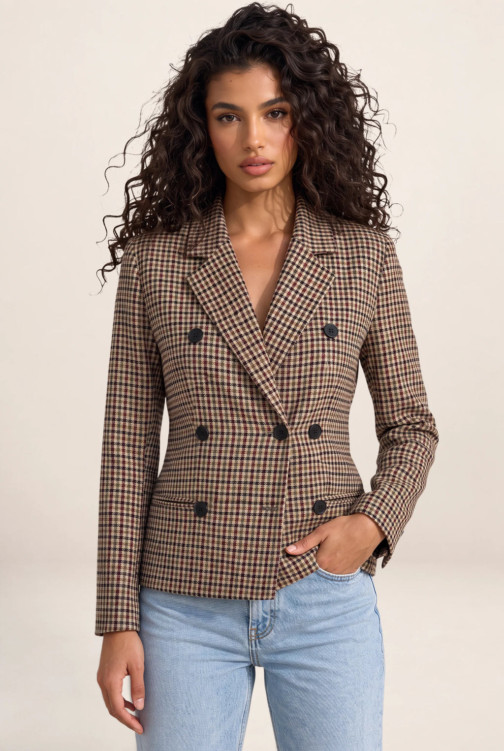 Women's Checked Double Breasted Blazer – Tailored Smart Jacket