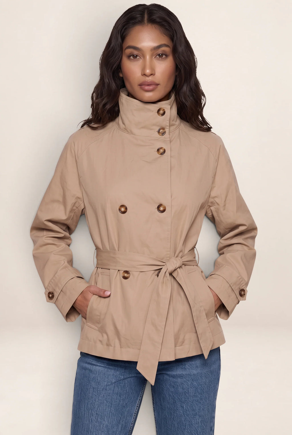 Women's Cropped Trench Jacket with Adjustable Belt