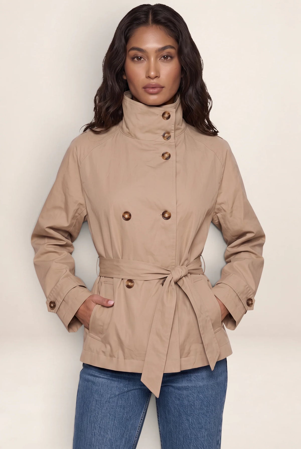 Women's Cropped Trench Jacket with Adjustable Belt