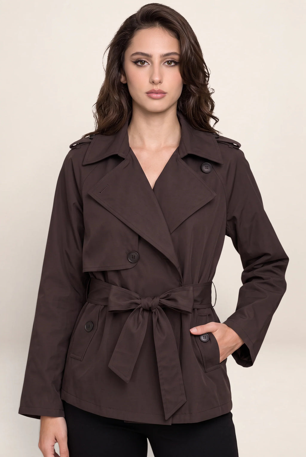 Women's Cropped Trench Jacket with Adjustable Tie Waist