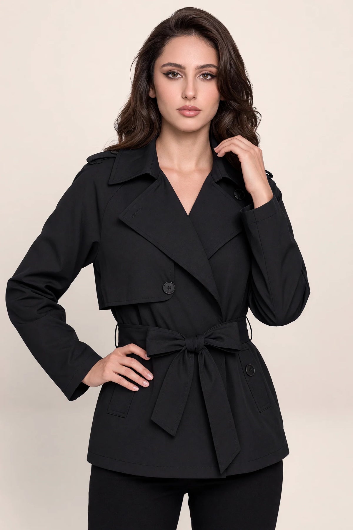 Women's Cropped Trench Jacket with Adjustable Tie Waist