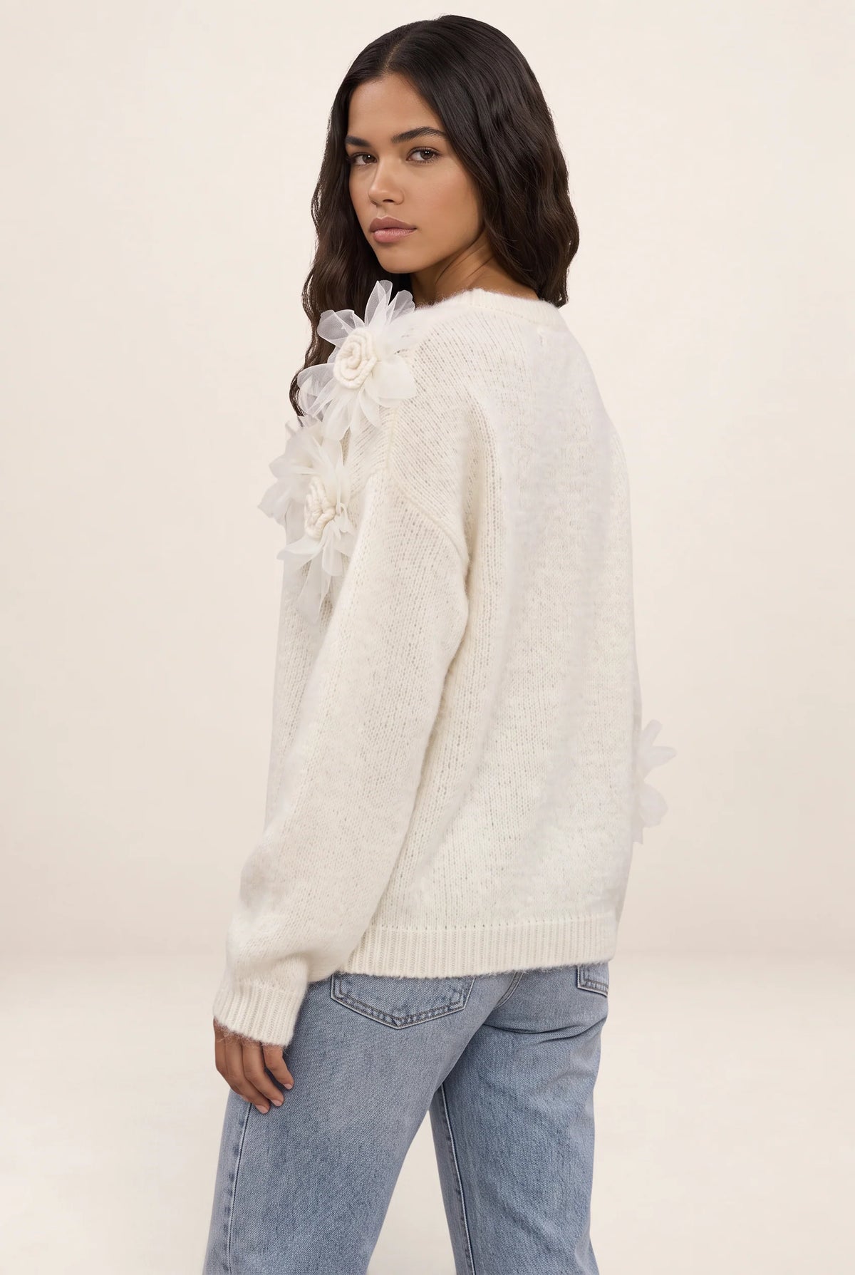 Women’s Floral Knit Jumper – Crew Neck Long Sleeve Sweater with 3D Flower Detail