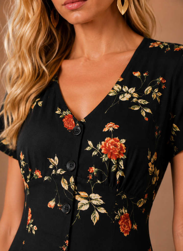 Women's Floral Midi Dress – Button Front Short Sleeve
