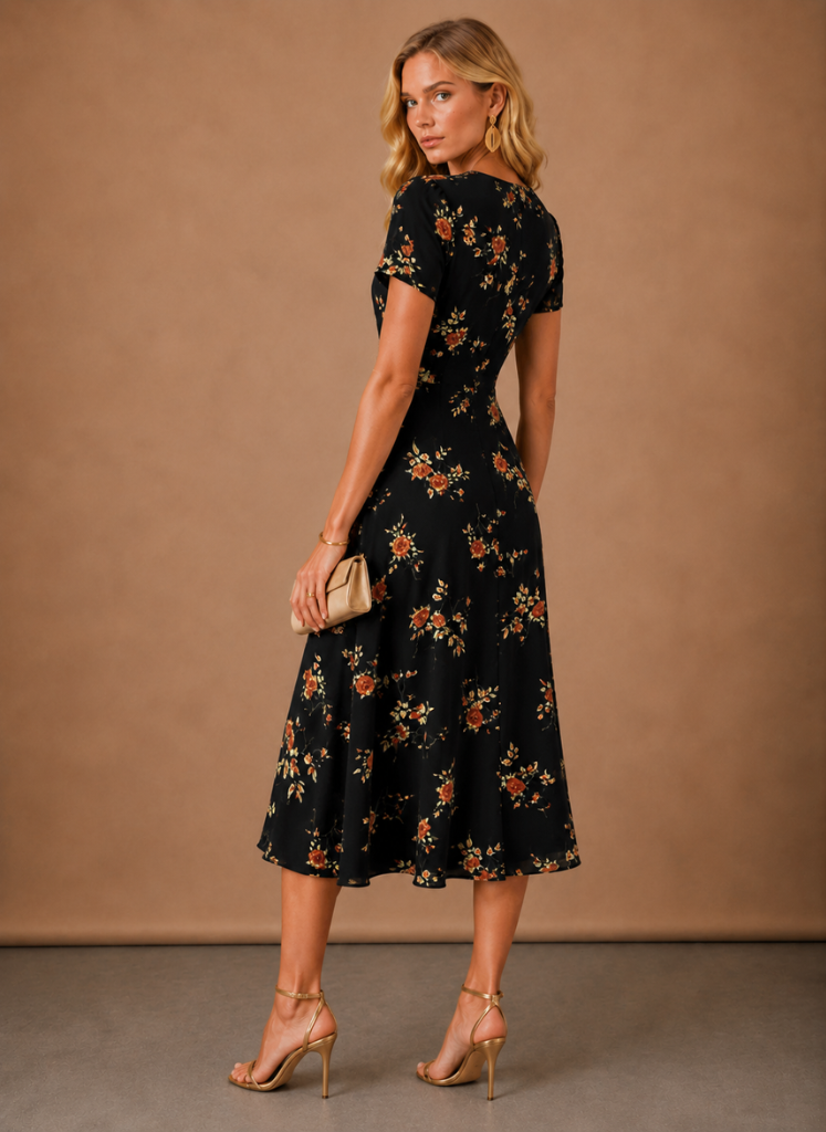 Women's Floral Midi Dress – Button Front Short Sleeve