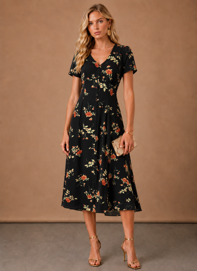 Women's Floral Midi Dress – Button Front Short Sleeve