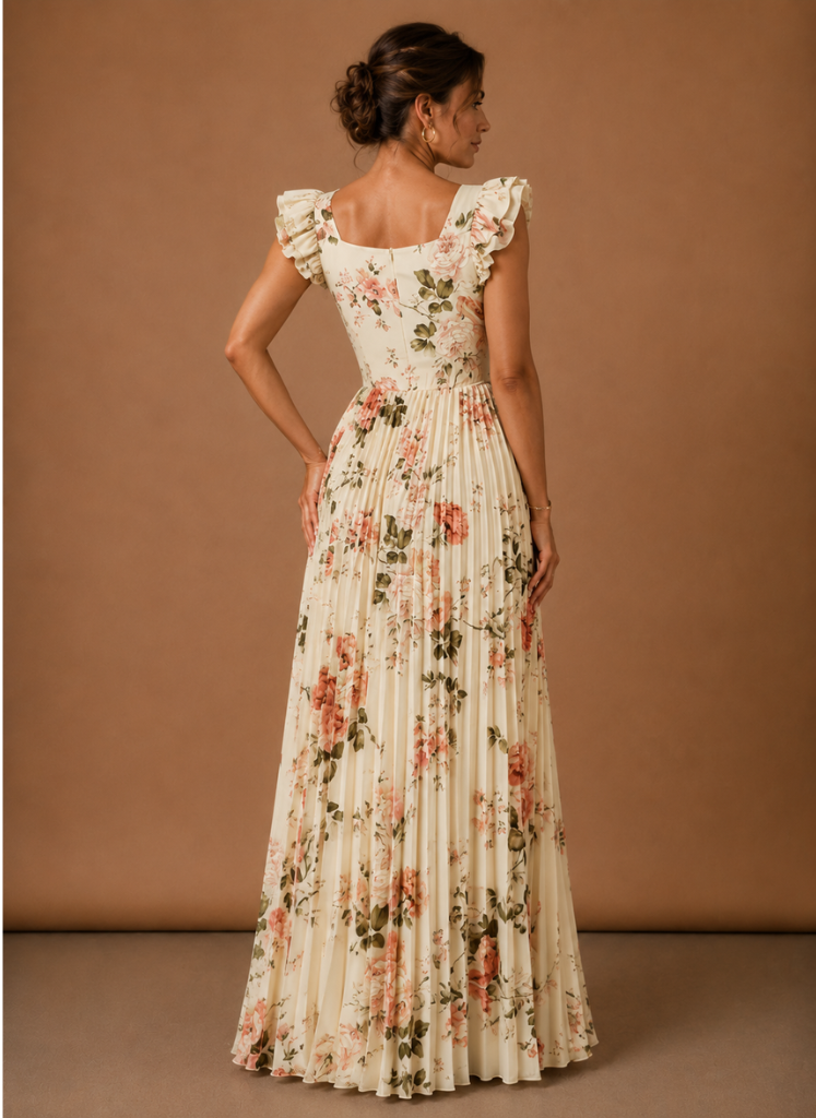 Women’s Floral Pleated Maxi Dress – Elegant Wedding Guest