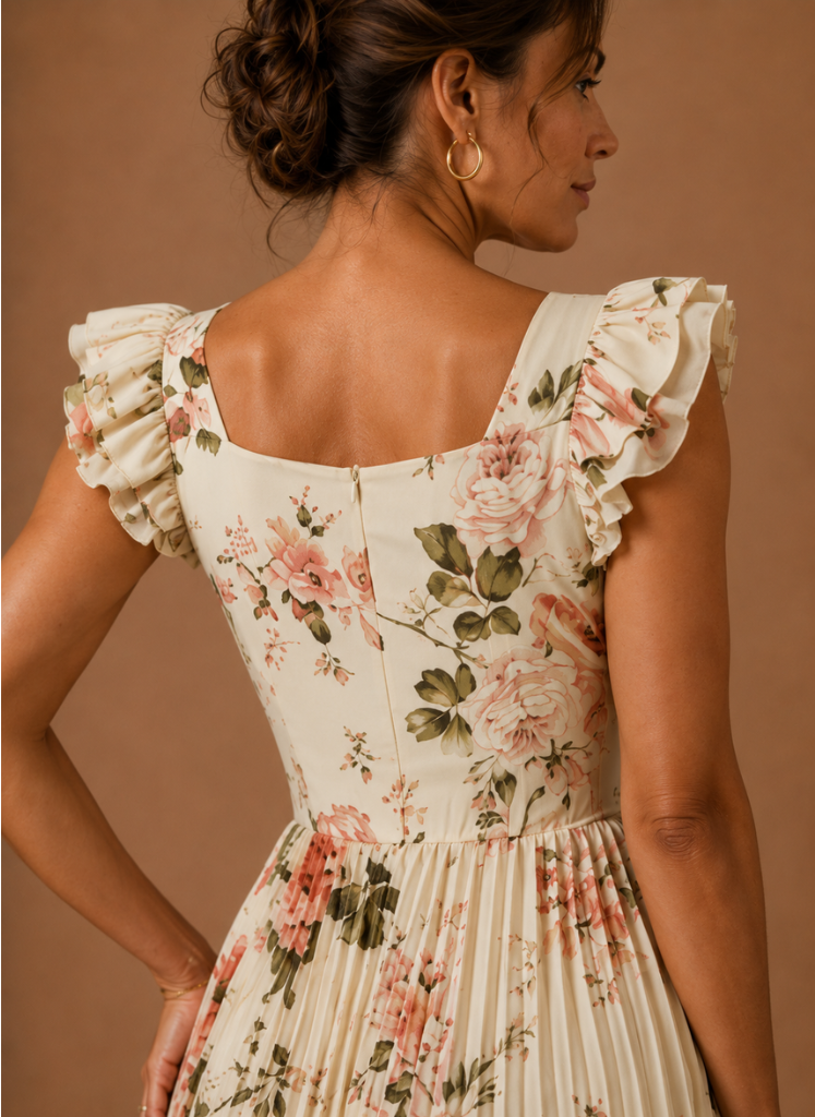 Women’s Floral Pleated Maxi Dress – Elegant Wedding Guest