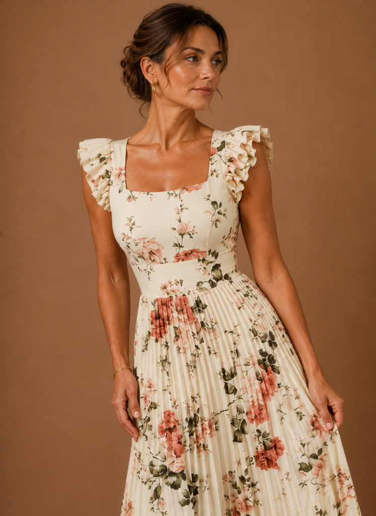 Women’s Floral Pleated Maxi Dress – Elegant Wedding Guest