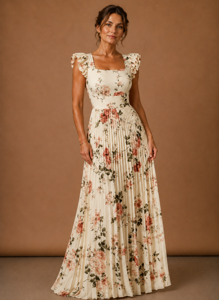 Women’s Floral Pleated Maxi Dress – Elegant Wedding Guest