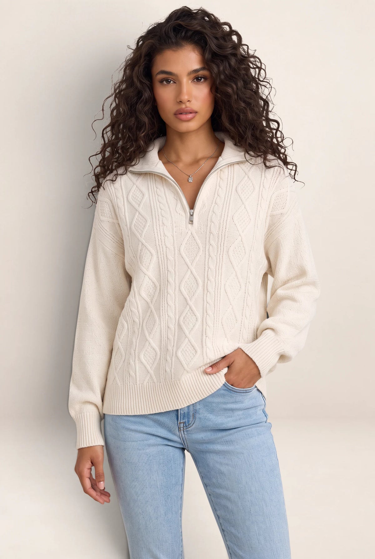 Women's Half Zip Cable Knit Jumper – Chunky Winter Sweater