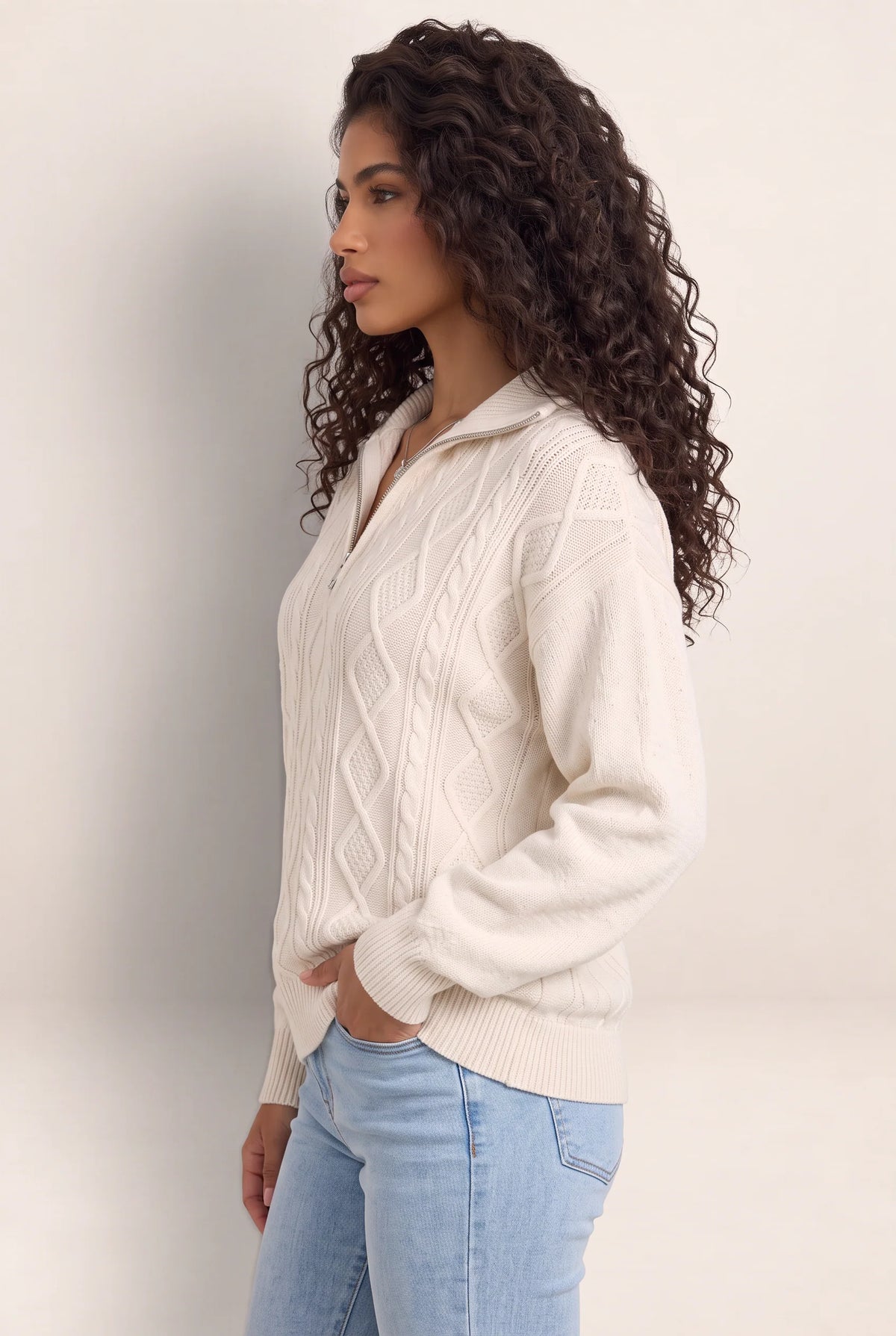 Women's Half Zip Cable Knit Jumper – Chunky Winter Sweater