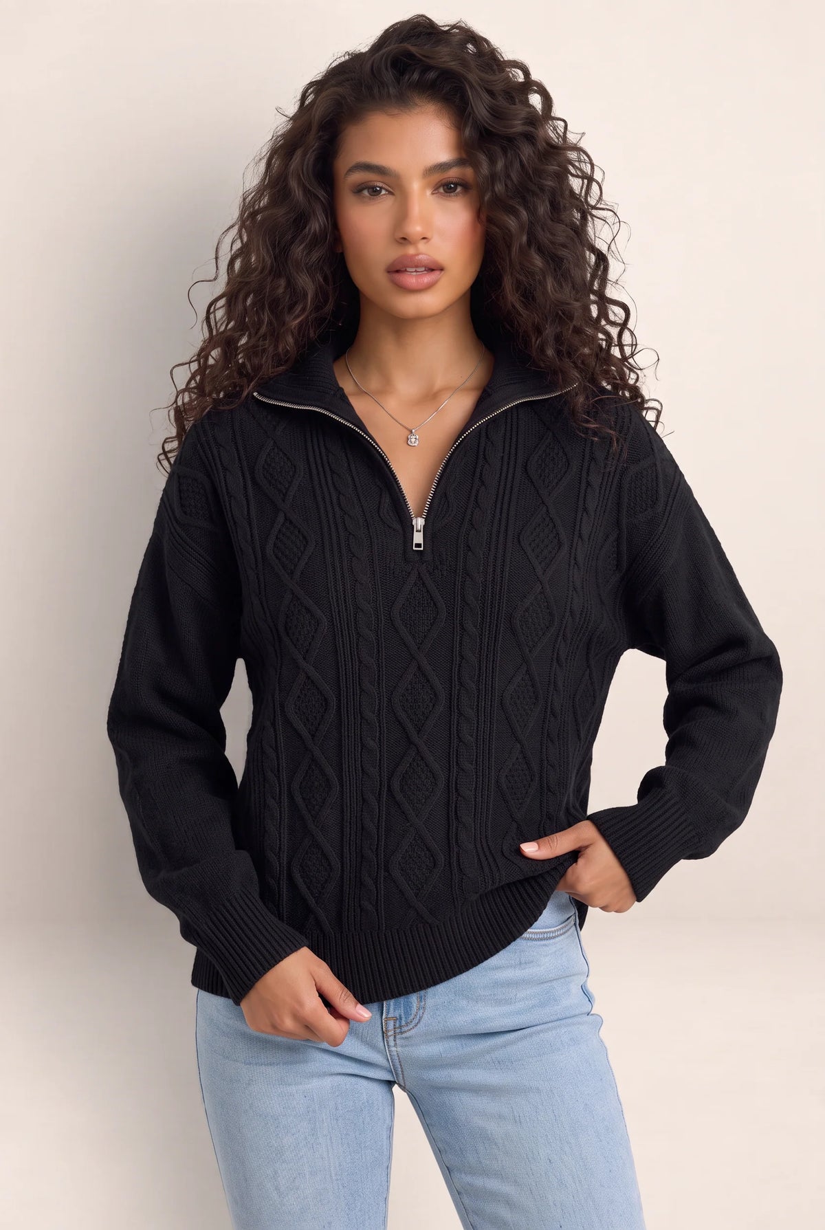 Women's Half Zip Cable Knit Jumper – Chunky Winter Sweater
