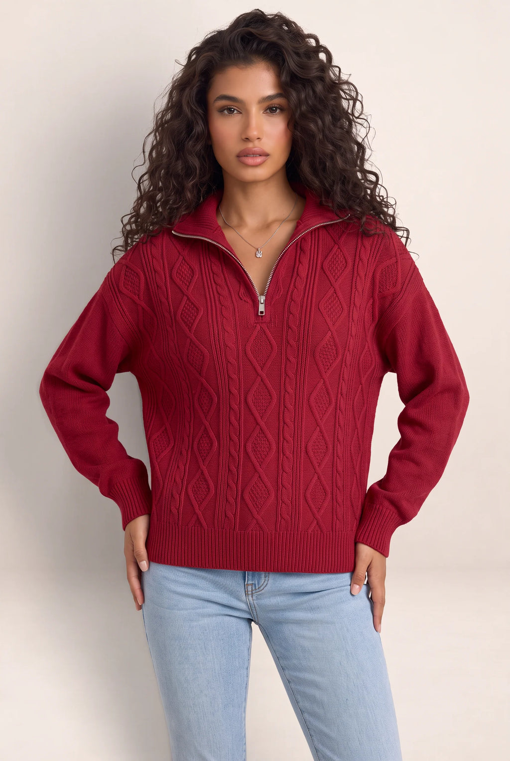Women's Half Zip Cable Knit Jumper – Chunky Winter Sweater