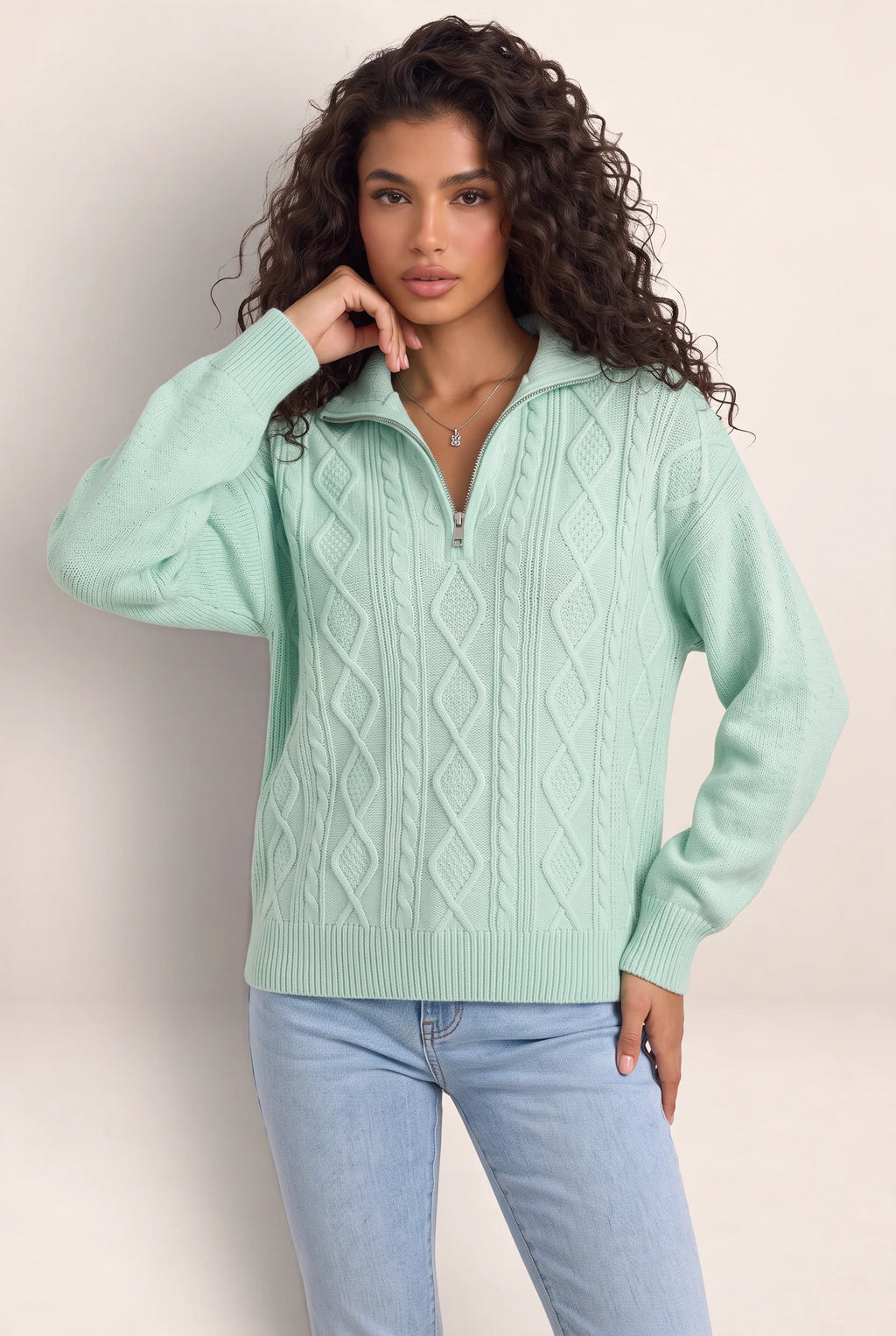 Women's Half Zip Cable Knit Jumper – Chunky Winter Sweater