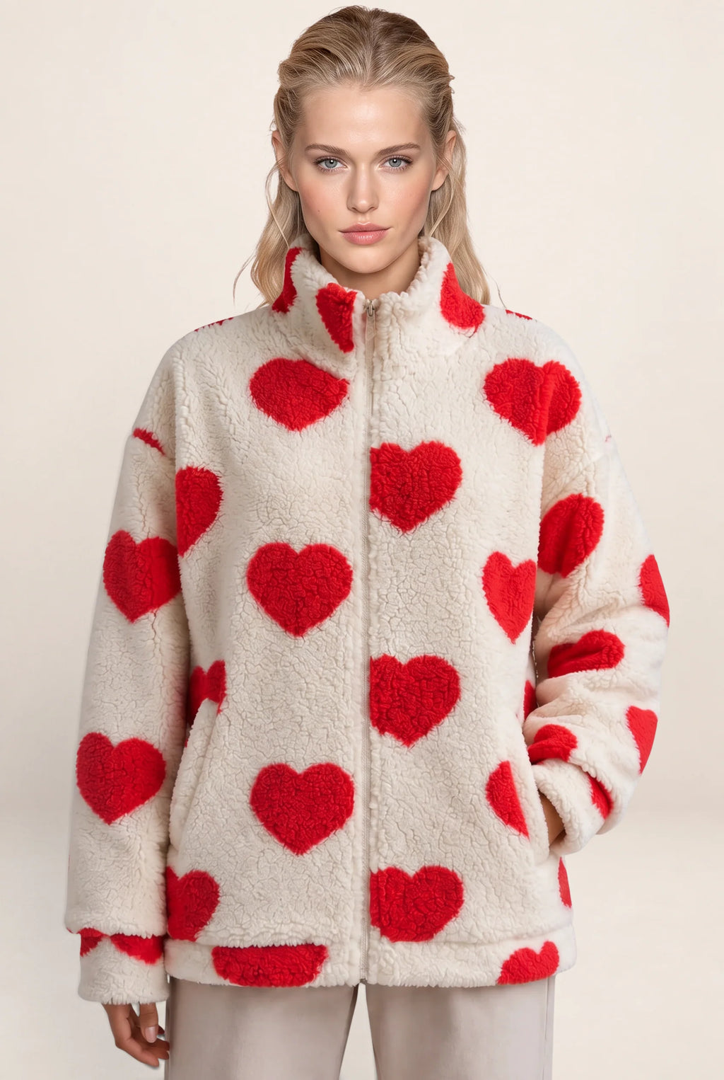 Women's Jacket with Heart Print & Fleece Fabric