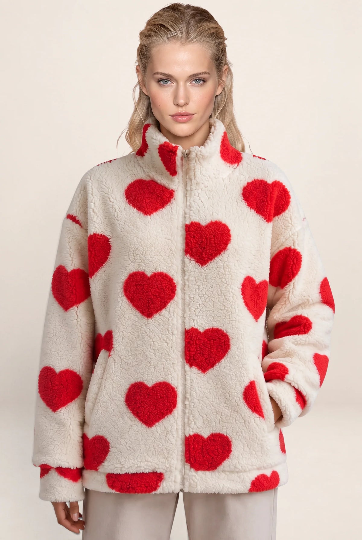 Women's Jacket with Heart Print & Fleece Fabric
