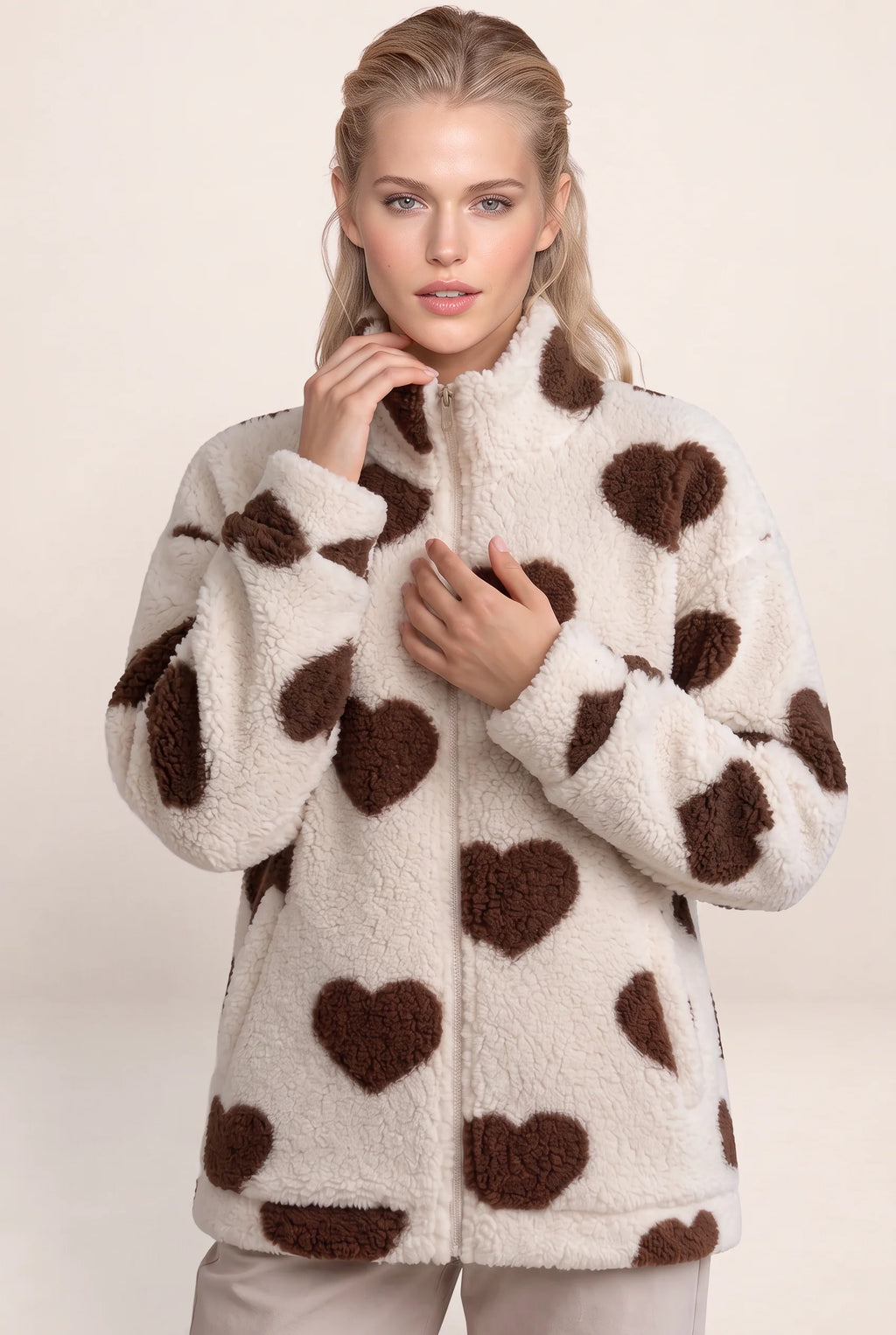 Women's Jacket with Heart Print & Fleece Fabric