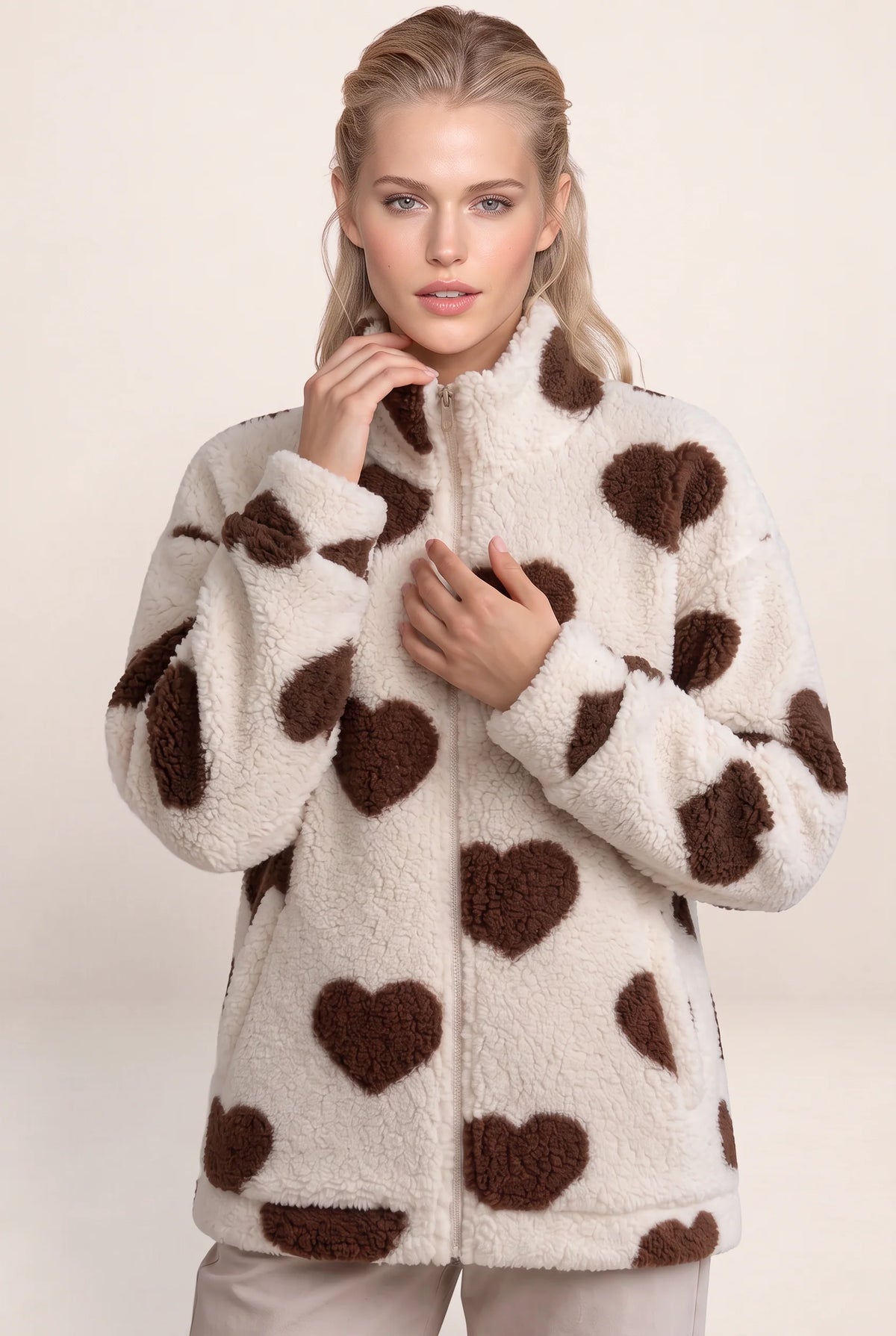 Women's Jacket with Heart Print & Fleece Fabric