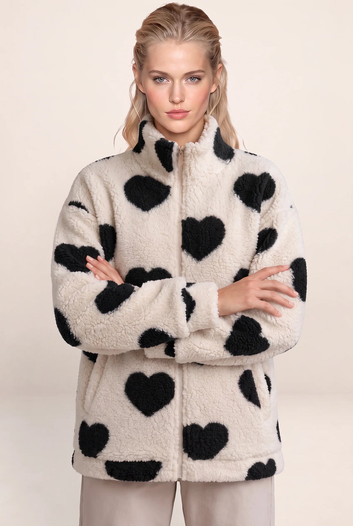 Women's Jacket with Heart Print & Fleece Fabric
