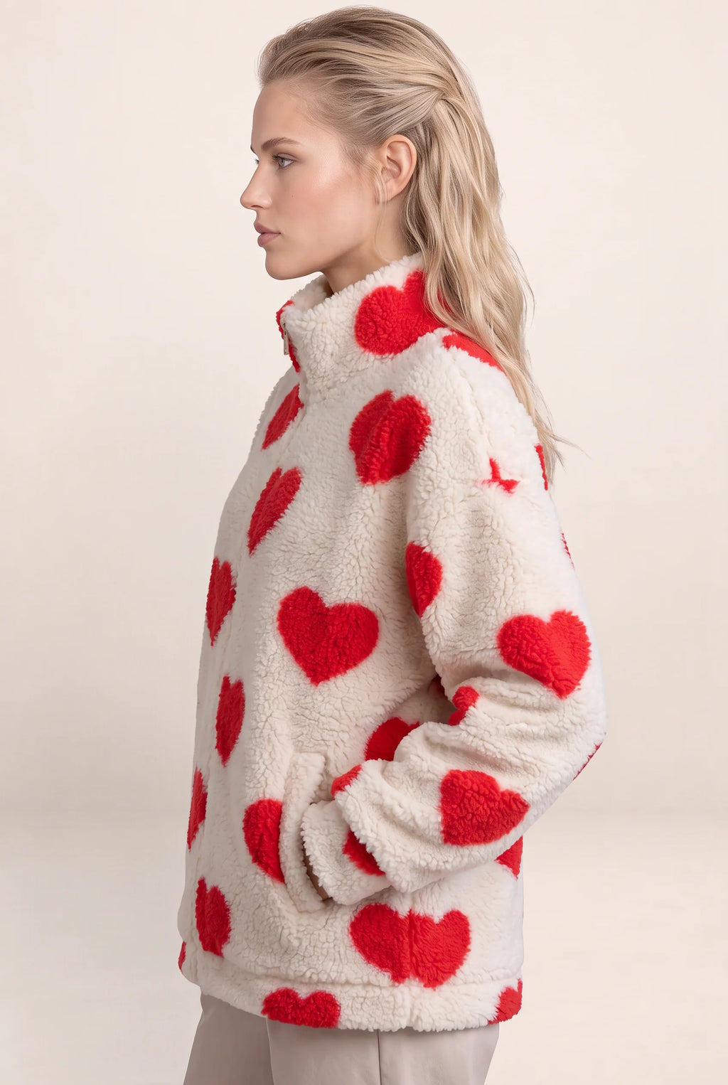 Women's Jacket with Heart Print & Fleece Fabric