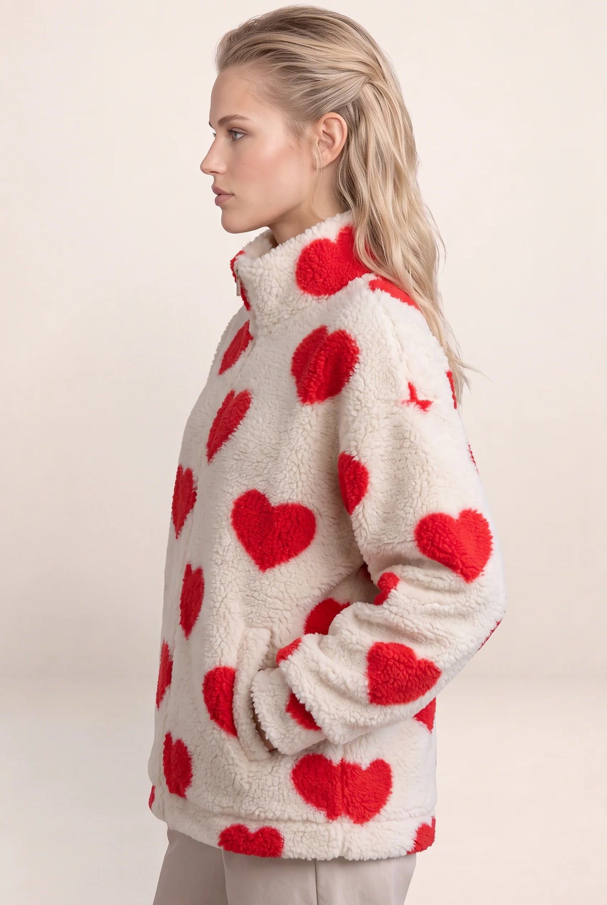 Women's Jacket with Heart Print & Fleece Fabric
