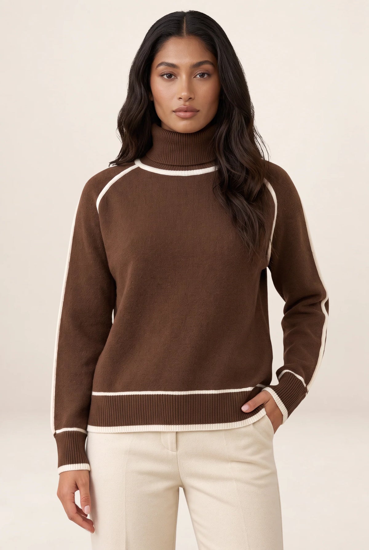 Women's Jumper with Roll Neck & Contrast Trim