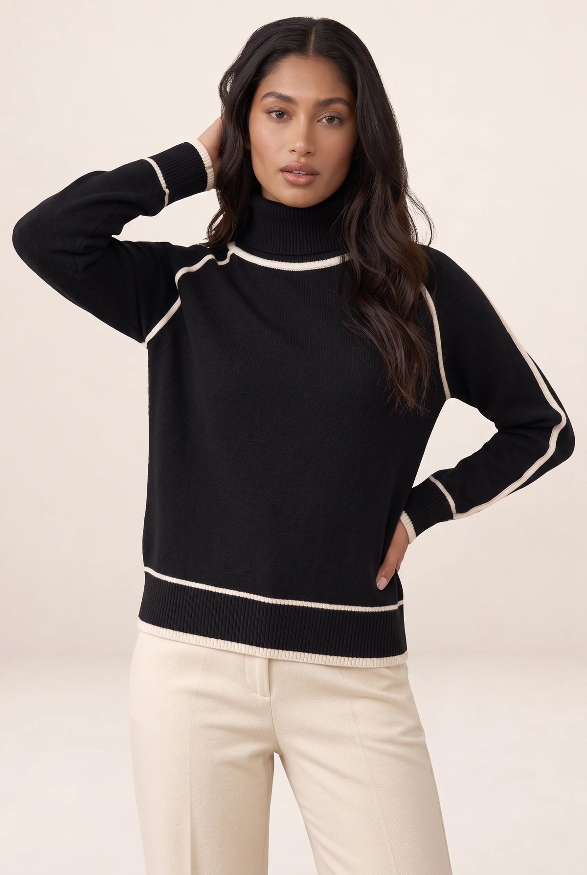 Women's Jumper with Roll Neck & Contrast Trim
