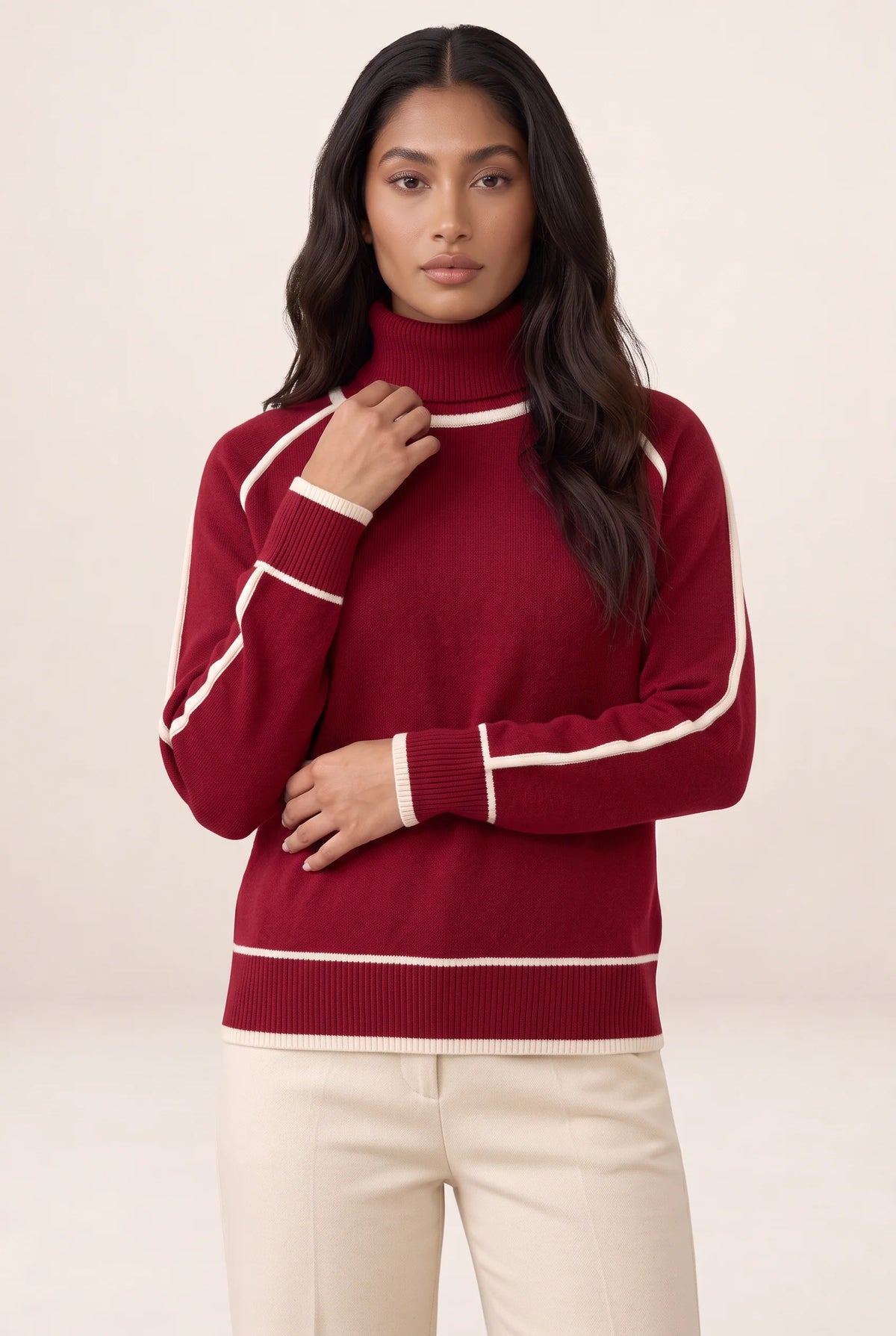 Women's Jumper with Roll Neck & Contrast Trim
