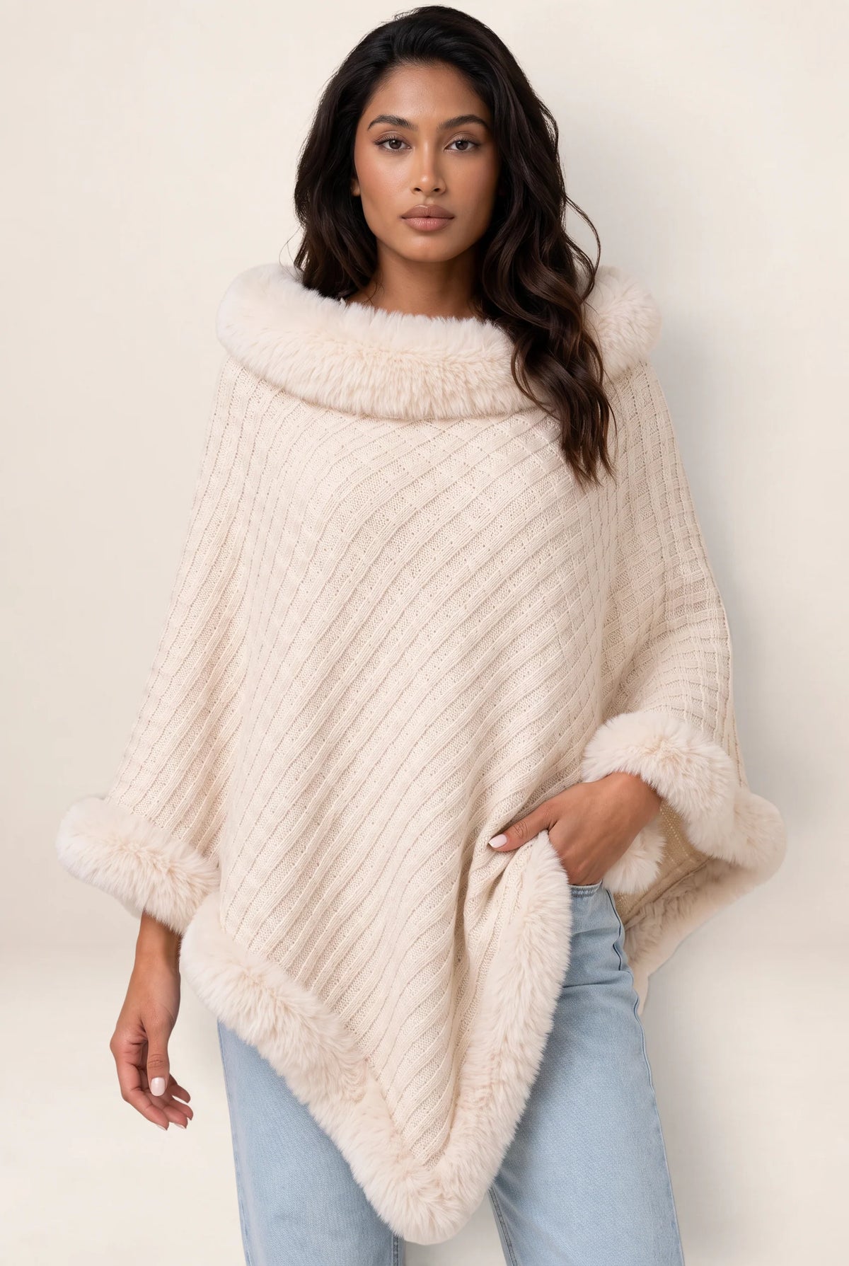 Women's Knitted Cape Coat with Faux Fur Trim