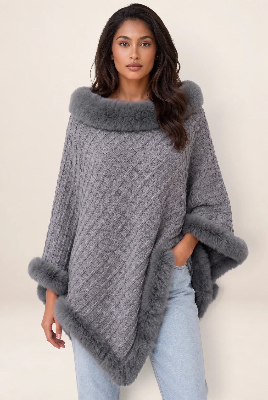 Women's Knitted Cape Coat with Faux Fur Trim
