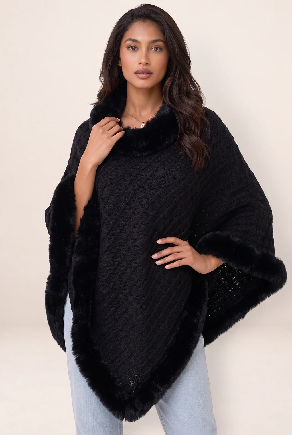 Women's Knitted Cape Coat with Faux Fur Trim