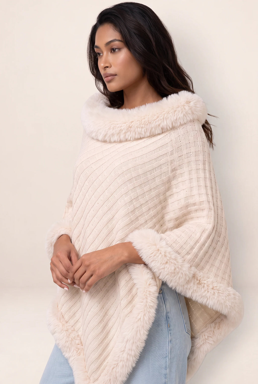 Women's Knitted Cape Coat with Faux Fur Trim